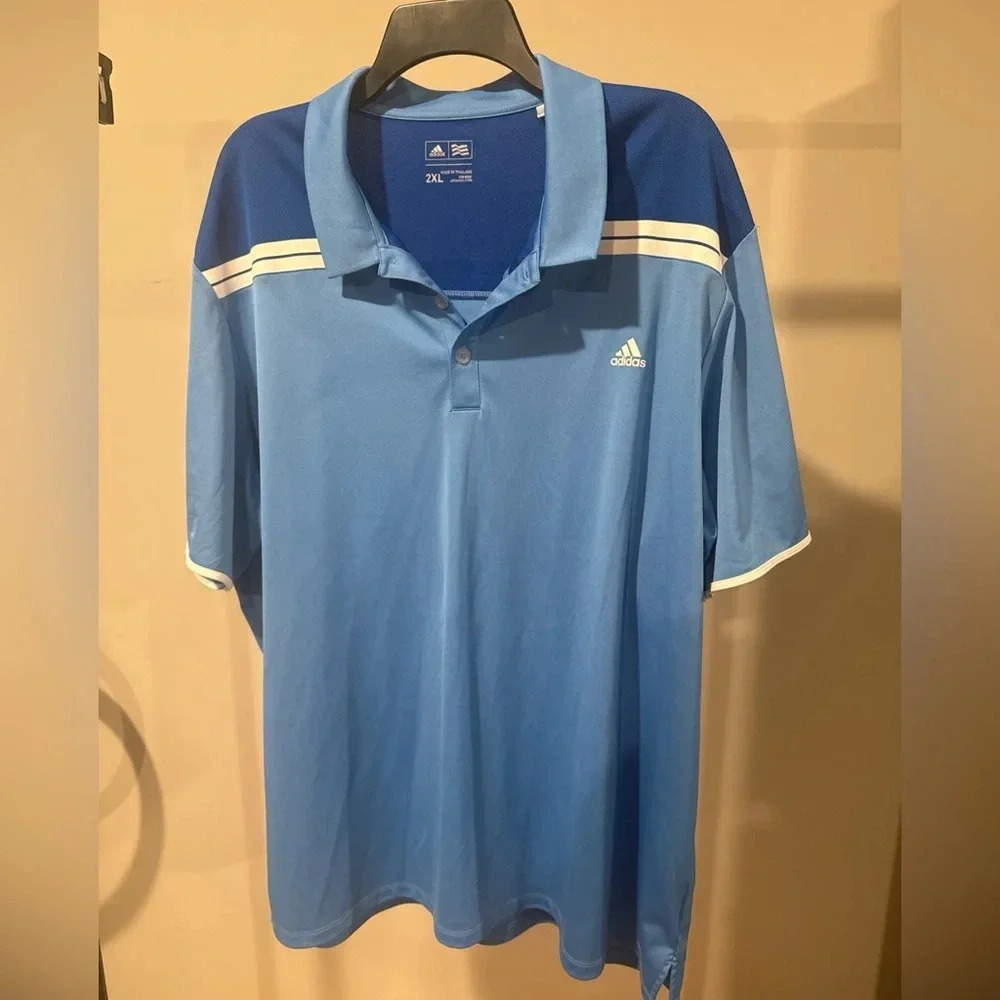 Adidas Golf Polo Mens 2XL Blue XXL Lightweight Quick dry Light Blue White Stripe